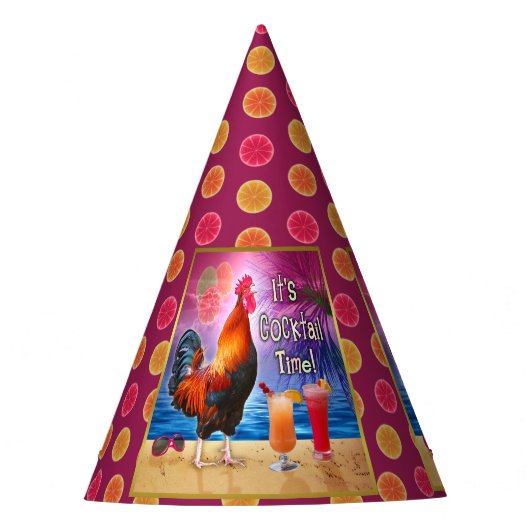 おもしろいなオンドリの鶏のカクテルの熱帯ビーチの海 パーティーハット (正面)