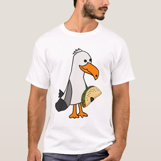おもしろいなカモメの鳥の食べ物のタコスの漫画 Tシャツ (正面)