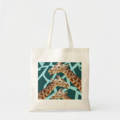 おもしろいなキリンのプリントのティール（緑がかった色）の青い野生動物パターン トートバッグ (正面)