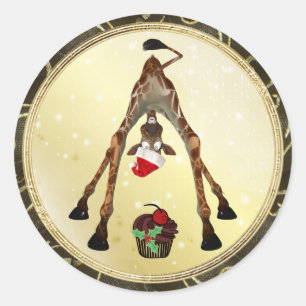 おもしろいなキリン及びカップケーキのクリスマスのステッカー ラウンドシール