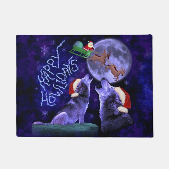 おもしろいなクリスマスのオオカミのしゃれ幸せなHowlidays ドアマット (正面)