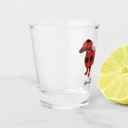 おもしろいなクリスマスのダックスフントのフランネルの格子縞 ショットグラス (左)