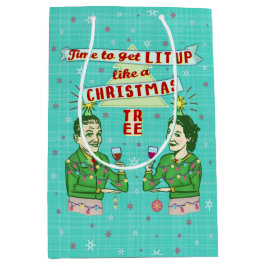 おもしろいなクリスマスのレトロの飲むユーモアのカップルのLit ミディアムペーパーバッグ