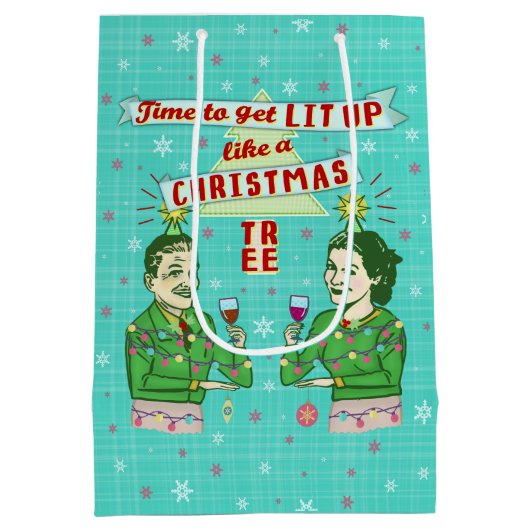 おもしろいなクリスマスのレトロの飲むユーモアのカップルのLit ミディアムペーパーバッグ (裏面)