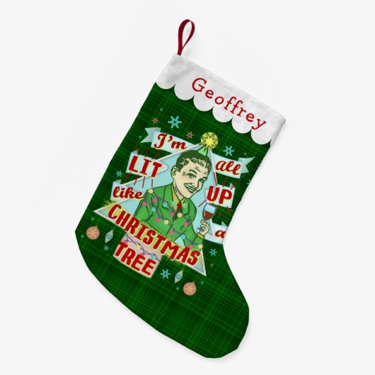 おもしろいなクリスマスのレトロの飲むユーモアの人のLit スモールクリスマスストッキング (正面 (吊り時))
