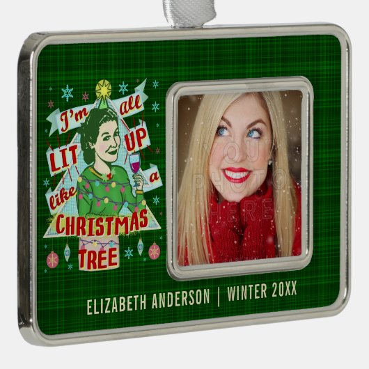 おもしろいなクリスマスのレトロの飲むユーモアの女性のLit シルバープレートフレームオーナメント (右)
