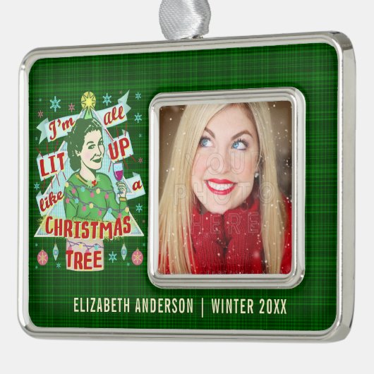 おもしろいなクリスマスのレトロの飲むユーモアの女性のLit シルバープレートフレームオーナメント (左)