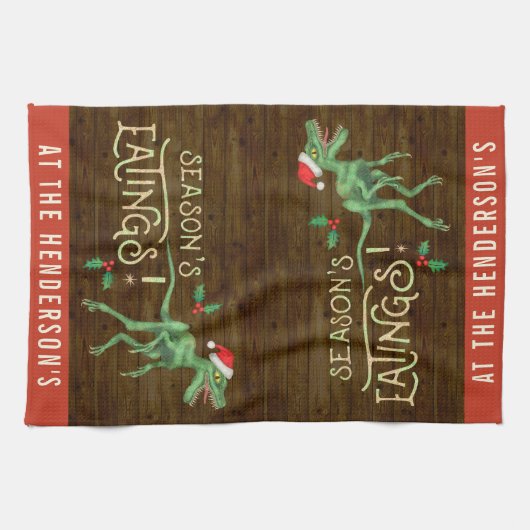 おもしろいなクリスマスのヴェロキラプトルの恐竜の名前をカスタムする キッチンタオル (横)