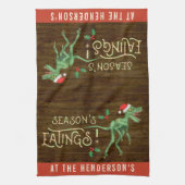 おもしろいなクリスマスのヴェロキラプトルの恐竜の名前をカスタムする キッチンタオル (縦)