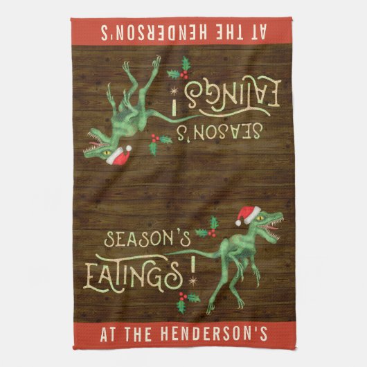 おもしろいなクリスマスのヴェロキラプトルの恐竜の名前をカスタムする キッチンタオル (縦)