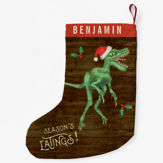 おもしろいなクリスマスのヴェロキラプトルの恐竜の名前をカスタムする スモールクリスマスストッキング (裏面)