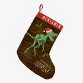 おもしろいなクリスマスのヴェロキラプトルの恐竜の名前をカスタムする スモールクリスマスストッキング (正面 (吊り時))