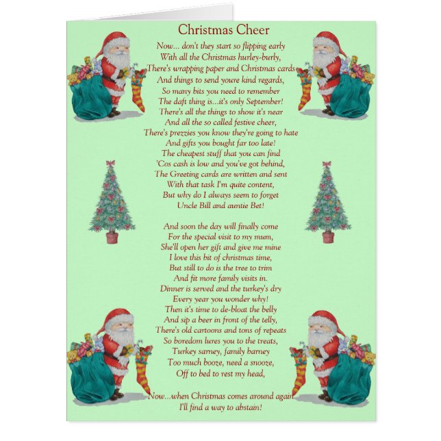 おもしろいなクリスマスの詩サンタおよびクリスマスの木の大きいカード (正面)