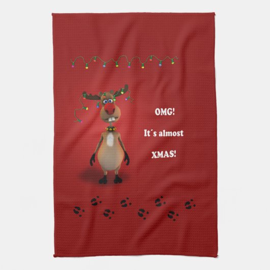 おもしろいなクリスマスの赤いゆっくり進られたトナカイ キッチンタオル (縦)