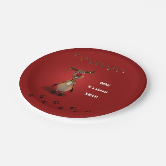 おもしろいなクリスマスの赤いゆっくり進られたトナカイ ペーパープレート (アングル)