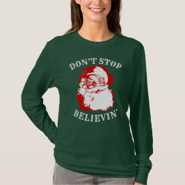 おもしろいなクリスマスの長袖のTシャツはBELIEVINをストップ Tシャツ