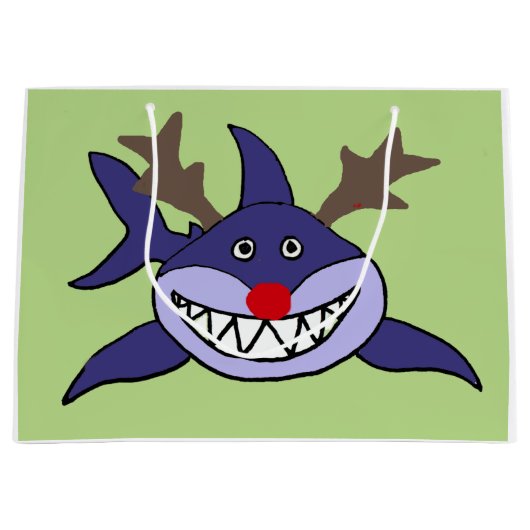 おもしろいなクリスマスの鮫のトナカイ ラージペーパーバッグ (正面)