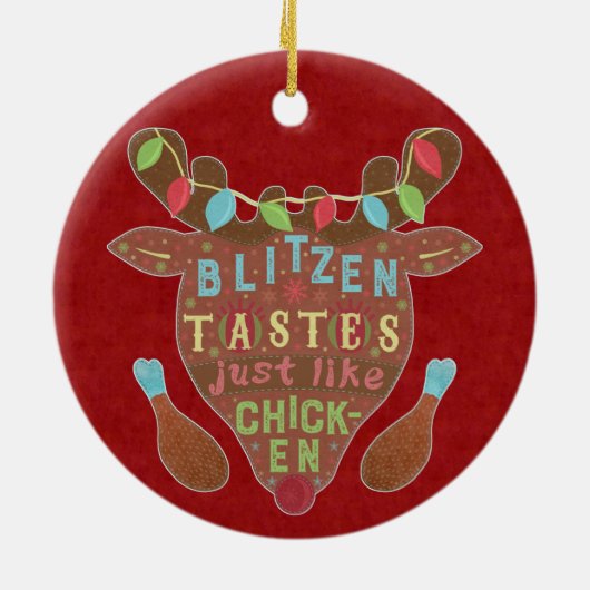 おもしろいなクリスマスのBlitzenの鶏のトナカイのユーモア セラミックオーナメント (裏面)