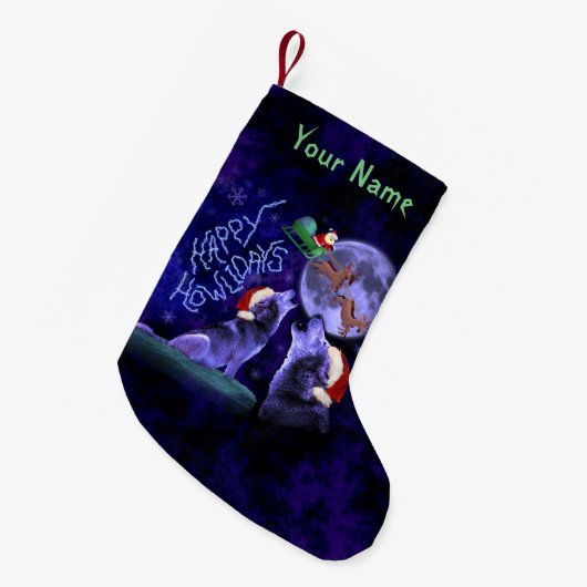 おもしろいなクリスマスのHowlidaysのオオカミのしゃれの名前をカスタムする スモールクリスマスストッキング (正面 (吊り時))
