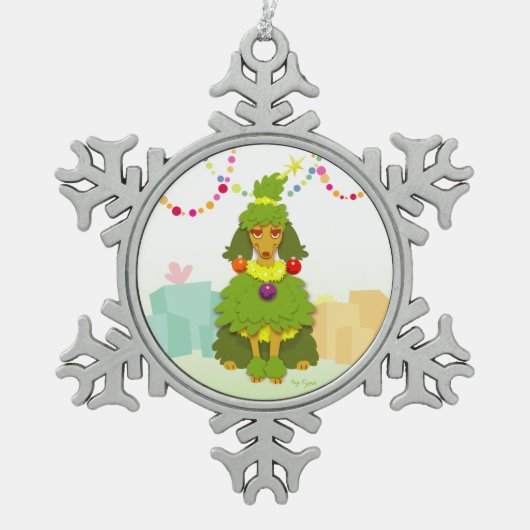 おもしろいなクリスマスツリーのプードル スノーフレークピューターオーナメント (正面)