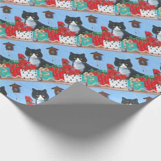 おもしろいなクリスマス猫の黒のタキシードのハト時計 ラッピングペーパー (角)