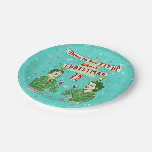 おもしろいなクリスマス・パーティのレトロの大人の飲む休日 ペーパープレート (アングル)