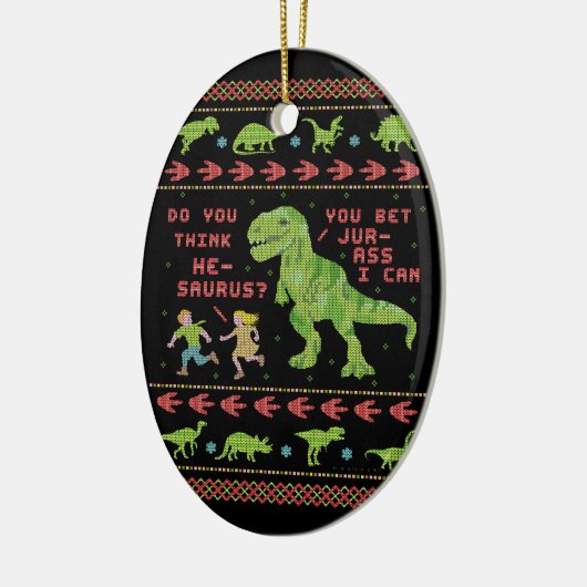 おもしろいなクリスマスTのレックスの恐竜のしゃれのユーモアのフェイクなニット セラミックオーナメント (左)