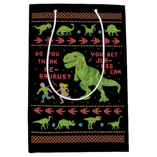 おもしろいなクリスマスTのレックスの恐竜のしゃれのユーモアのフェイクなニット ミディアムペーパーバッグ (正面)