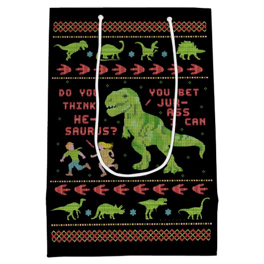 おもしろいなクリスマスTのレックスの恐竜のしゃれのユーモアのフェイクなニット ミディアムペーパーバッグ (裏面)