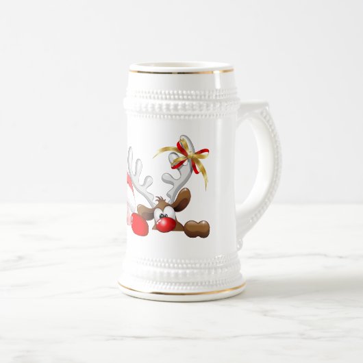 おもしろいなサンタおよびトナカイの漫画ビールステイン ビールジョッキ (正面右)