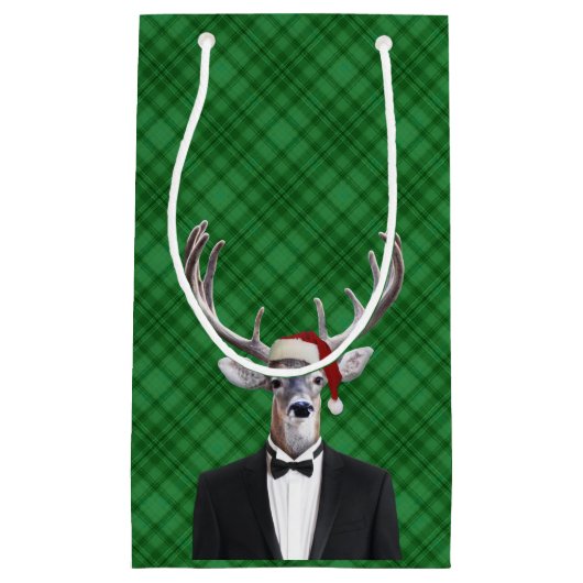 おもしろいなサンタの帽子のクリスマスのシカの緑の格子縞 スモールペーパーバッグ (正面)