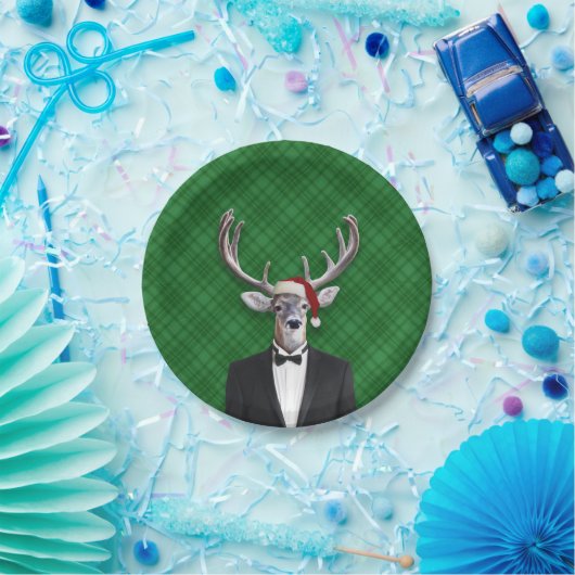 おもしろいなサンタの帽子のクリスマスのシカの緑の格子縞 ペーパープレート (パーティー)