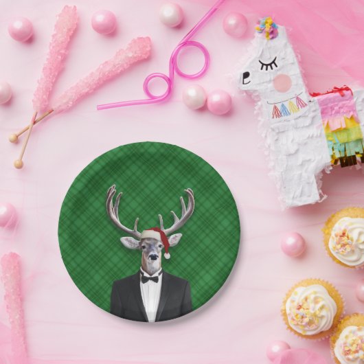 おもしろいなサンタの帽子のクリスマスのシカの緑の格子縞 ペーパープレート (パーティー)