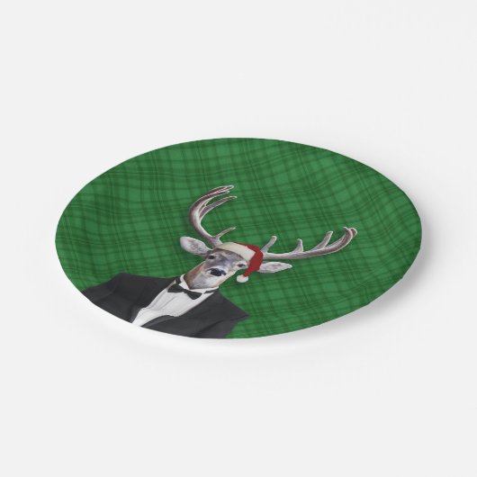 おもしろいなサンタの帽子のクリスマスのシカの緑の格子縞 ペーパープレート (アングル)
