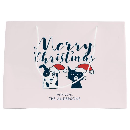 おもしろいなサンタ犬及び猫の落書き|のメリークリスマス ラージペーパーバッグ (正面)