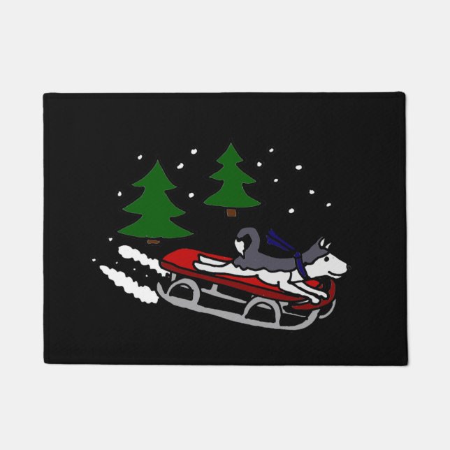 おもしろいなシベリアンハスキーのSledding ドアマット (正面)