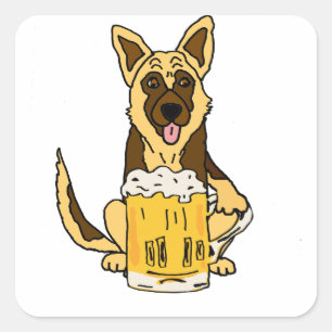おもしろいなジャーマン・シェパード犬飲むビール芸術 スクエアシール