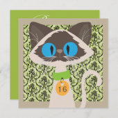 おもしろいなダマスク織猫の原稿の第16誕生会 招待状 (正面/裏面)