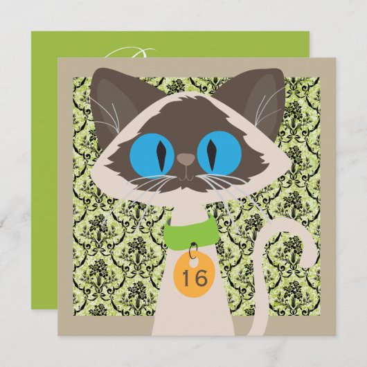 おもしろいなダマスク織猫の原稿の第16誕生会 招待状 (正面/裏面)