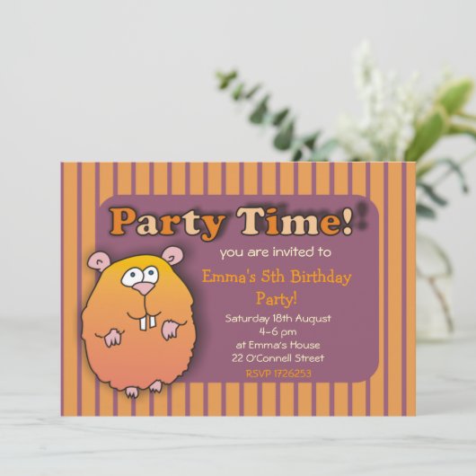 おもしろいなハムスターのオレンジ紫色のストライプのな招待状 招待状 (スタンド正面)