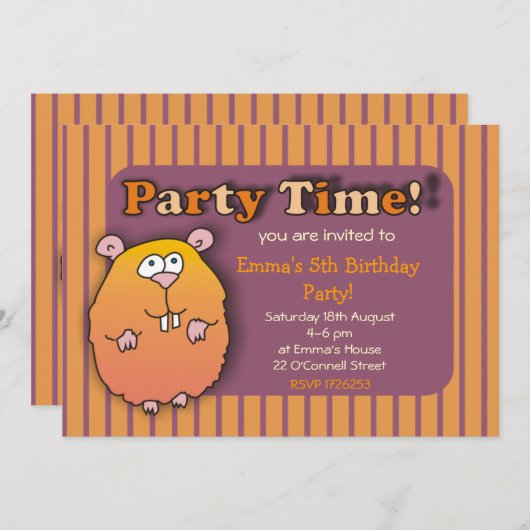 おもしろいなハムスターのオレンジ紫色のストライプのな招待状 招待状 (正面/裏面)