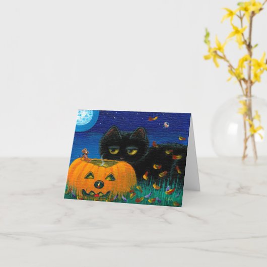 おもしろいなハロウィンの秋猫のマウスの芸術Creationarts カード (黄色い花)