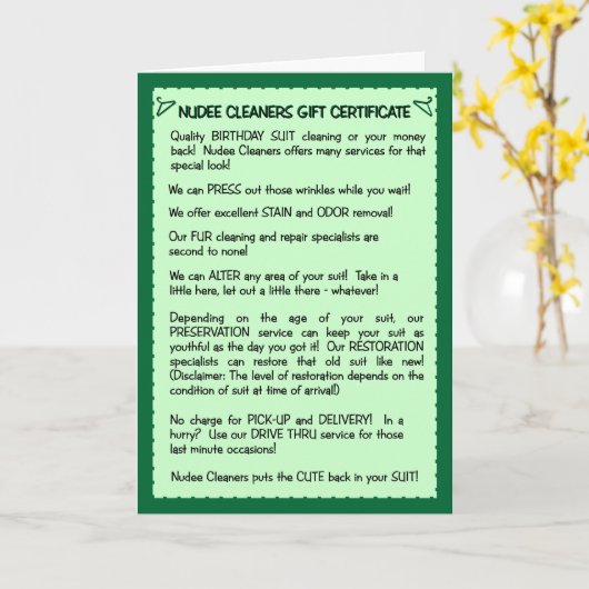 おもしろいなバースデー・カード: 誕生日スーツのクリーニング カード (黄色い花)