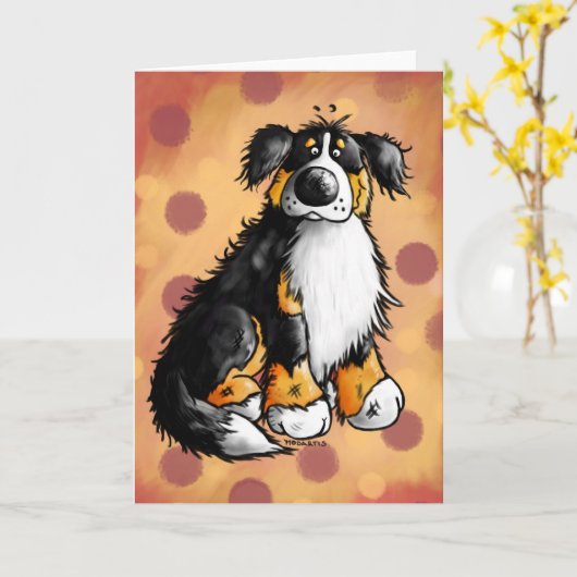 おもしろいなバーニーズ・マウンテン・ドッグの漫画の挨拶状 カード (黄色い花)