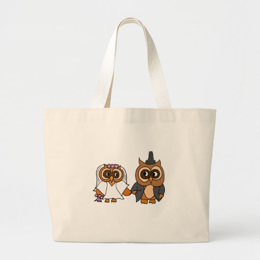 おもしろいなフクロウの新郎新婦の結婚式 ラージトートバッグ (正面)