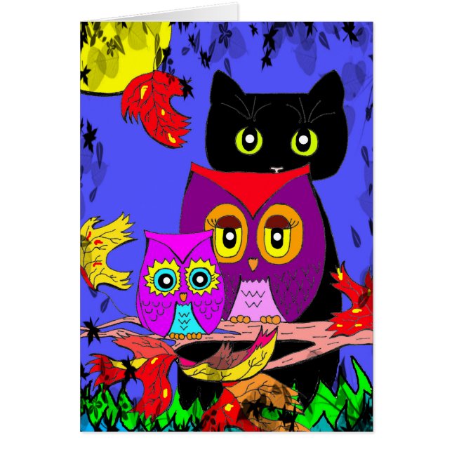 おもしろいなフクロウの黒猫の秋の月Creationarts (正面)