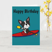 おもしろいなボストンテリア犬のカヤックを漕ぐ漫画 カード (黄色い花)