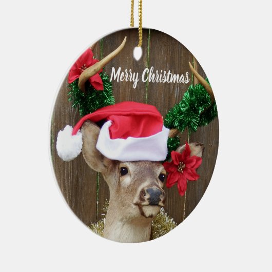 おもしろいなメリークリスマスの木びき台のオジロ鹿シカ セラミックオーナメント (右)