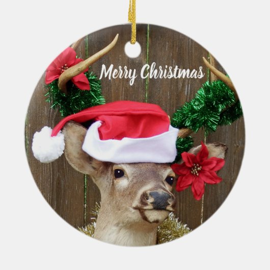 おもしろいなメリークリスマスの木びき台のオジロ鹿シカ セラミックオーナメント (裏面)