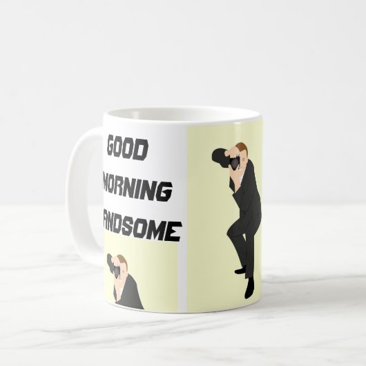 おもしろいなメンズは、ハンサムなメンズギフトのおはよう襲います コーヒーマグカップ (正面左)